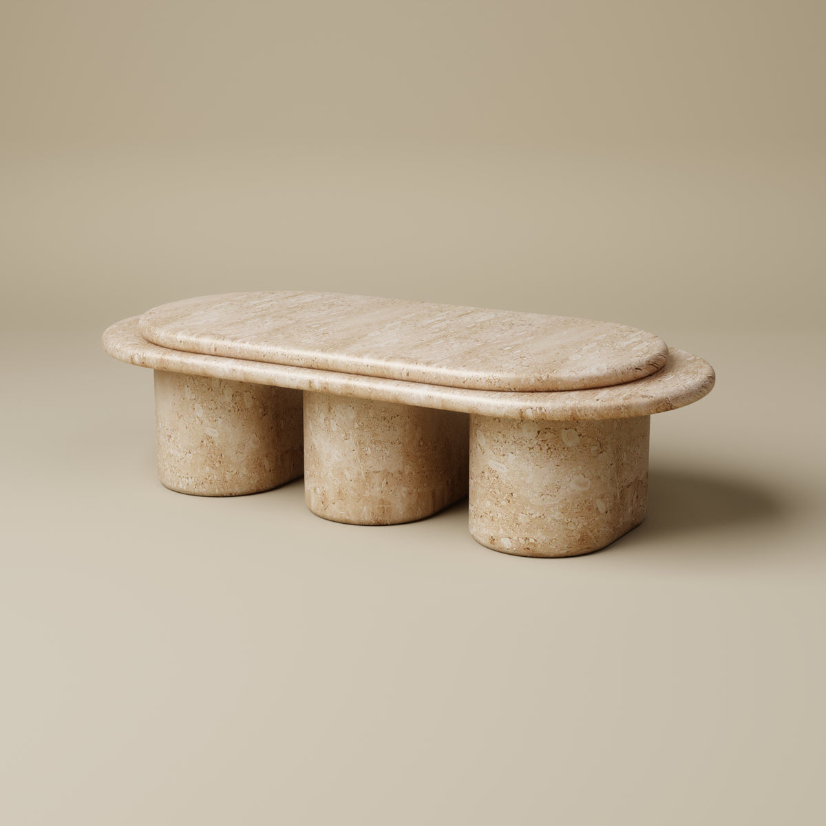 Marble coffee table with cylindrical base on a beige background